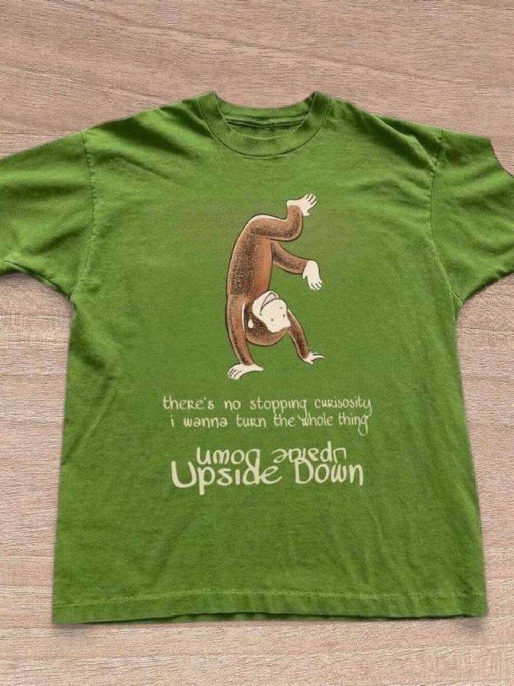 Curious Monkey Upside Down Graphic T-Shirt – Green Retro Y2K Style Tee